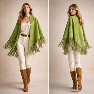 Sorbé Suede Fringe Shawl Green Leather Boho Western Wrap Festival